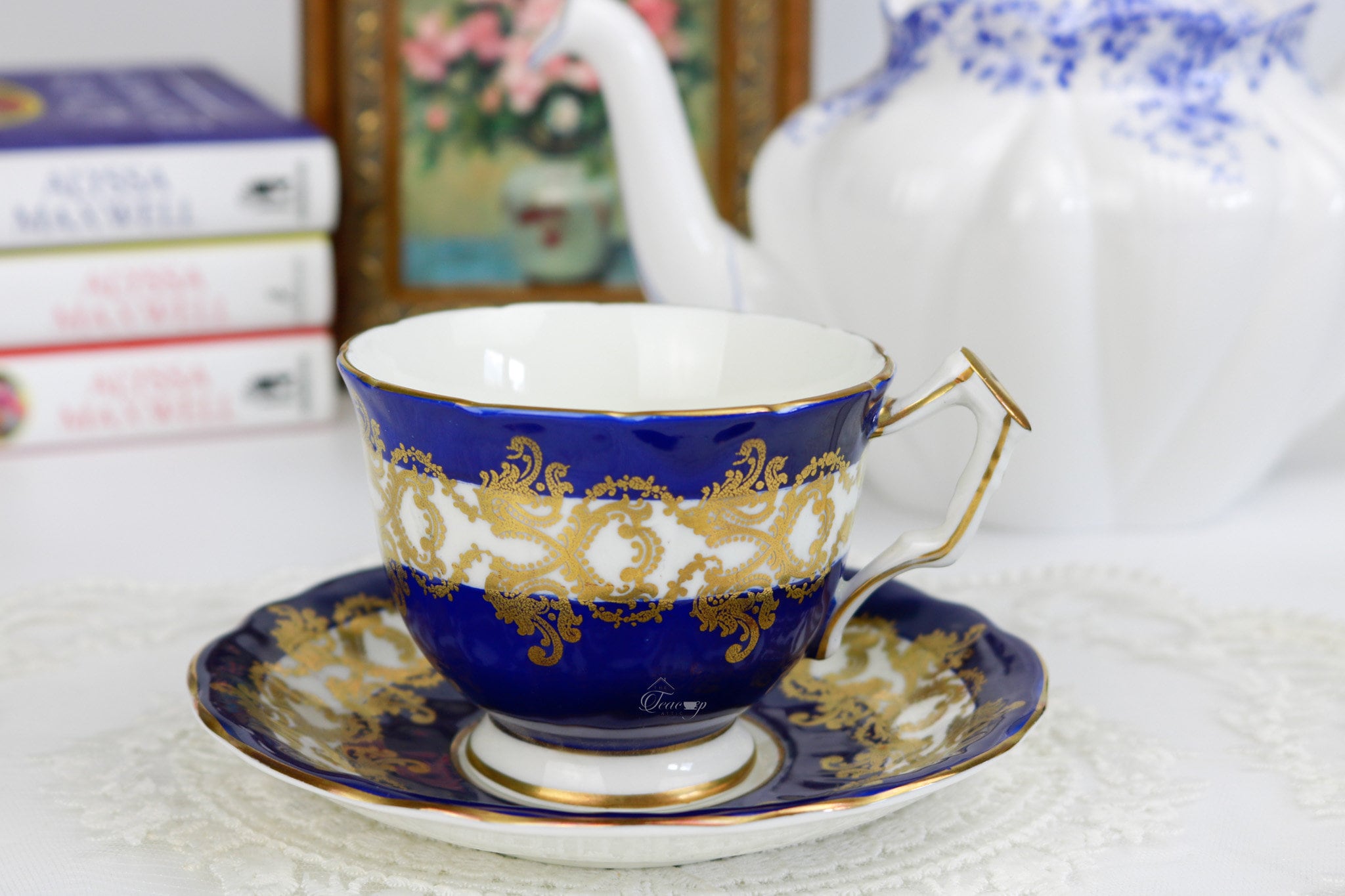 Aynsley Cobalt Blue and Gold Crocus-shaped Teacup and Saucer