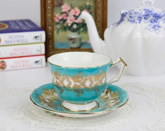 Aynsley Turquoise Blue and Gold Crocus-Shaped Teacup and Saucer, English Bone China Tea Cup and Saucer, Afternoon Tea Party