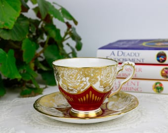 Royal Stafford Red and Gold Teacup and Saucer, English Bone China Tea Cup and Saucer, Vintage China, Replacement China