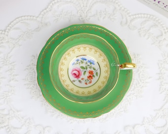 Aynsley Kelley Green Floral Teacup and Saucer, English Bone China Tea Cup and Saucer, Vintage China, Teacup and Saucer, Tea Party