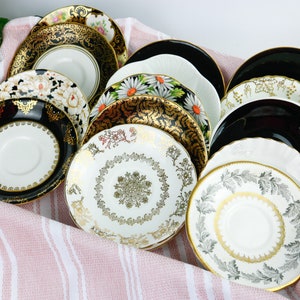 Set of 15 Black Mix and Match Saucers, English Bone China Tea Party Saucers, Wedding Mismatched Saucers, Shabby Chic