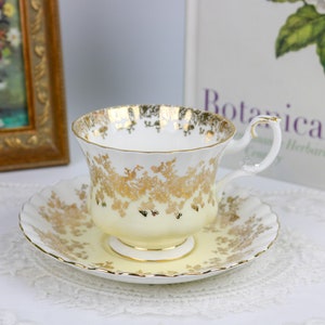 Royal Albert Pastel Yellow Regal Series Teacup and Saucer Set, Bone China Teacup and Saucer