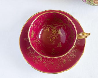 Coalport Cairo Red and Gold Teacup and Saucer, English Bone China Tea Cup and Saucer, Vintage China, Replacement China