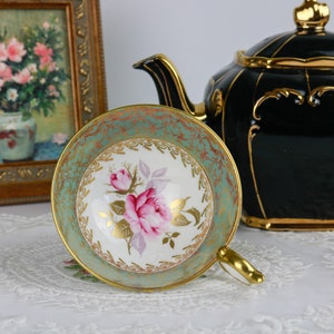 Aynsley Sage Green and Gold Replacement Teacup with Pink Rose and Gold Leaves, English Bone China Tea Cup Only, Orphan Teacup