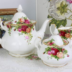 Royal Albert Old Country Roses Large Teapot, Large Creamer and Covered Sugar Bowl, Vintage English Bone China Tea Set, Made in England