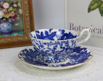 Coalport Blue and White Teacup and Saucer with Leaves, English Bone China Tea Cup and Saucer, Vintage China, Replacement China