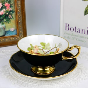 Hammersley Harvest Inspired Black Orchard Teacup and Saucer, English Bone China Vintage Tea Cup and Saucer with Grapes and Leaves