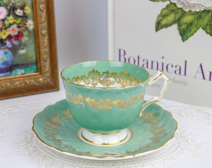 Aynsley Sage Green and Gold Crocusshaped Teacup and Saucer, English Bone China Tea Cup and