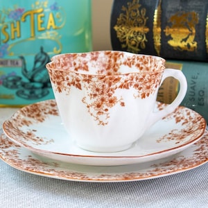 Shelley Dainty Brown Trio, English Bone China Teacup and Saucer with Side Plate, Afternoon Tea, Vintage China