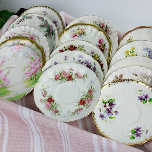 Set of 15 Mix and Match Vintage Floral Saucers, English Bone China Tea Party Saucers, Mismatched Saucers, Shabby Chic, Gender Reveal