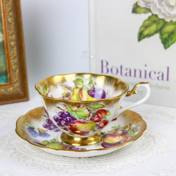 Royal Albert Orchard Teacup and Saucer Set with Heavy Gold, English Bone China Fruit Tea Cup, Cabinet Collection