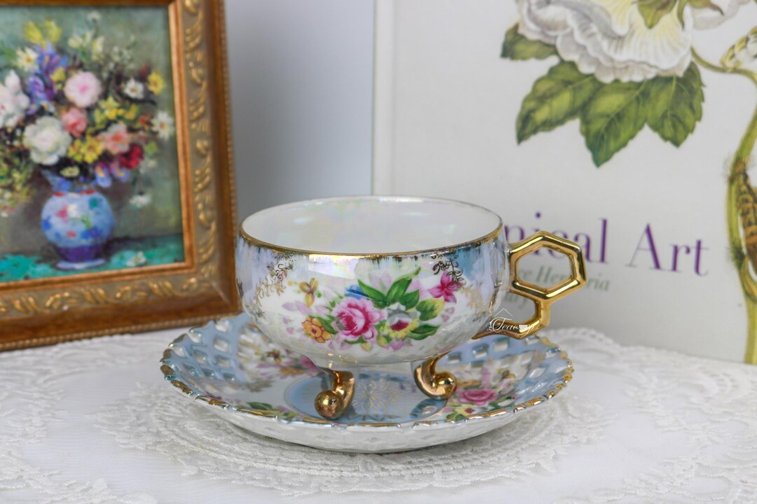 Shafford Japan Steel Blue Lustreware Teacup and Saucer With Roses