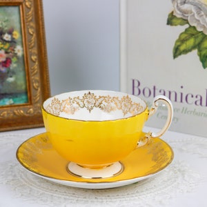 Aynsley Golden Yellow Floral Oban Shaped Teacup and Saucer, English Bone China Tea Cup and Saucer, Vintage China, Tea Party