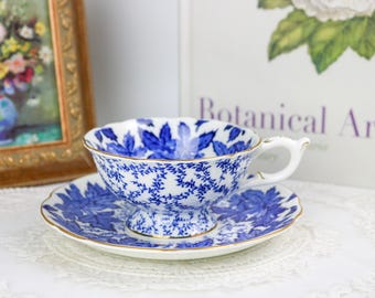 Coalport Blue and White Teacup and Saucer with Leaves, English Bone China Tea Cup and Saucer, Vintage China, Replacement China