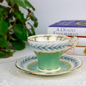 Aynsley Sage Green Corset Teacup and Saucer, English Bone China Tea Cup and Saucer, Vintage China, Replacement China, Afternoon Tea