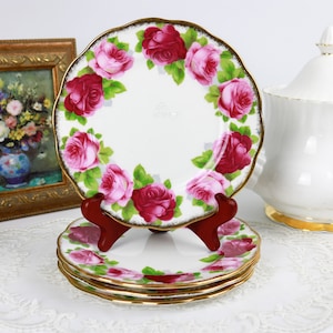 Royal Albert Old English Rose Set of 4 Round Side Plates with Gold Trim, English Bone China Bread and Butter Plates, Replacement China