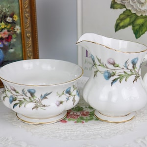 Royal Albert Brigadoon Large Open Cream and Sugar Set, English Bone China Milk Jug and Sugar Bowl, Vintage China, Replacement China