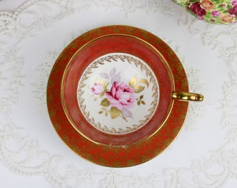 Aynsley orange och guldfärgad tekopp och fat med rosa ros, Aynsley 2539, engelsk benporslin tekopp och fat, vintageporslin