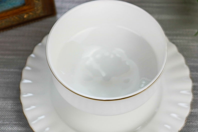 May include: A white porcelain teacup and saucer set with a gold rim. The cup and saucer are empty.