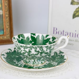 Coalport Forest Green and White Teacup and Saucer with Leaves, English Bone China Tea Cup and Saucer, Vintage China, Replacement China