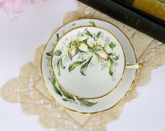 ON SALE Paragon White Vintage Teacup and Saucer with Beautiful Orchids, Vintage Bone China Cabinet Tea Cup and Saucer, Vintage China