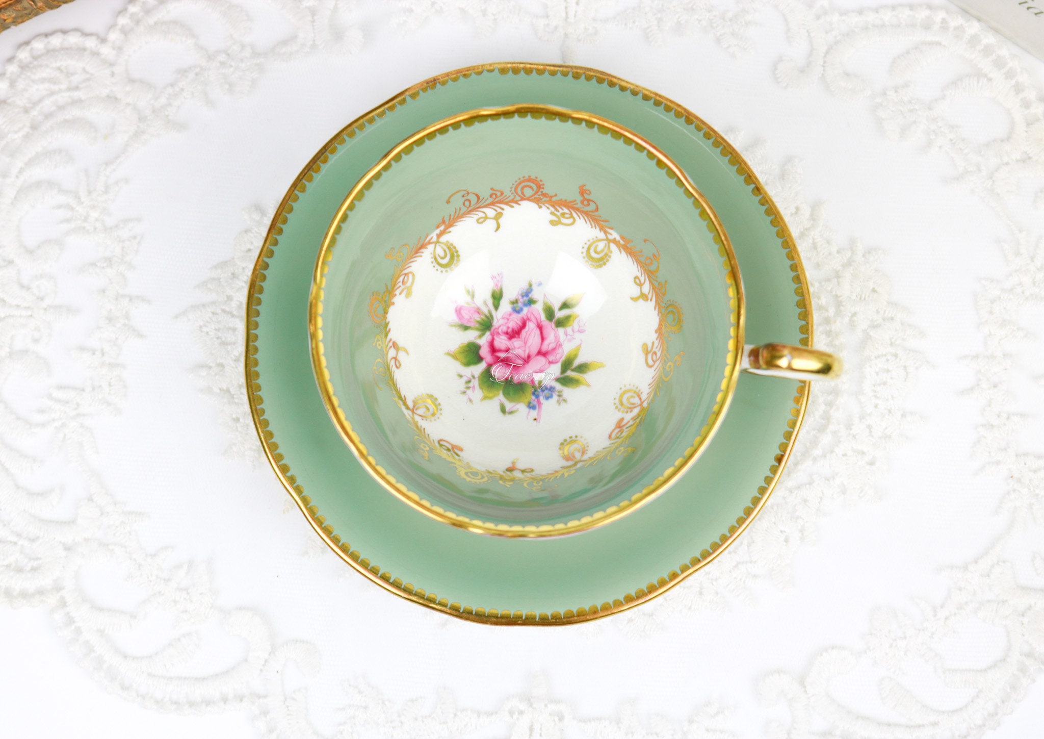 Aynsley Sage Green Teacup and Saucer With Pink Roses, Pattern 1515