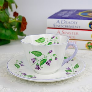 Shelley Campanula Teacup And Saucer with Purple Bell Flowers and Purple Trim, English Bone China Tea Cup and Saucer, Vintage China,
