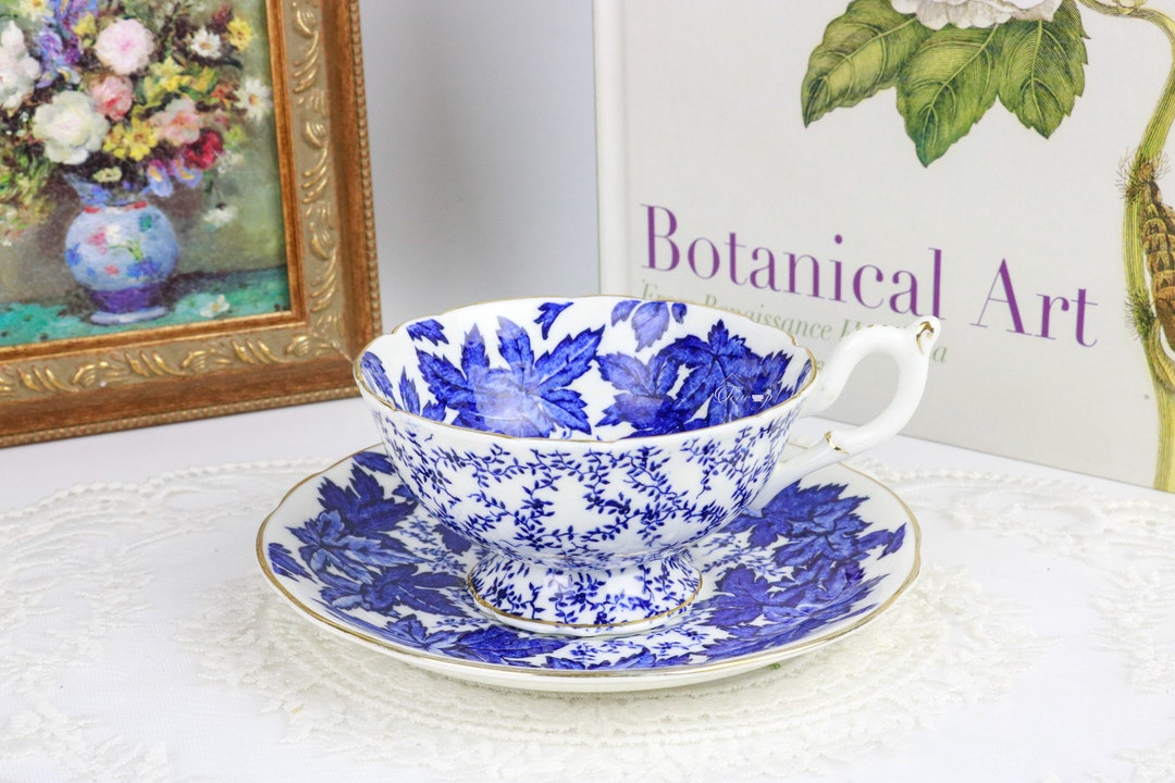 Coalport Blue and White Teacup and Saucer With Leaves, English