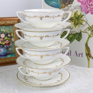 Royal Worcester Chantilly Gold Zestaw 4 misek do zupy z podwójnym uchwytem i talerzykiem, kubek do zupy z angielskiej porcelany kostnej i stojak