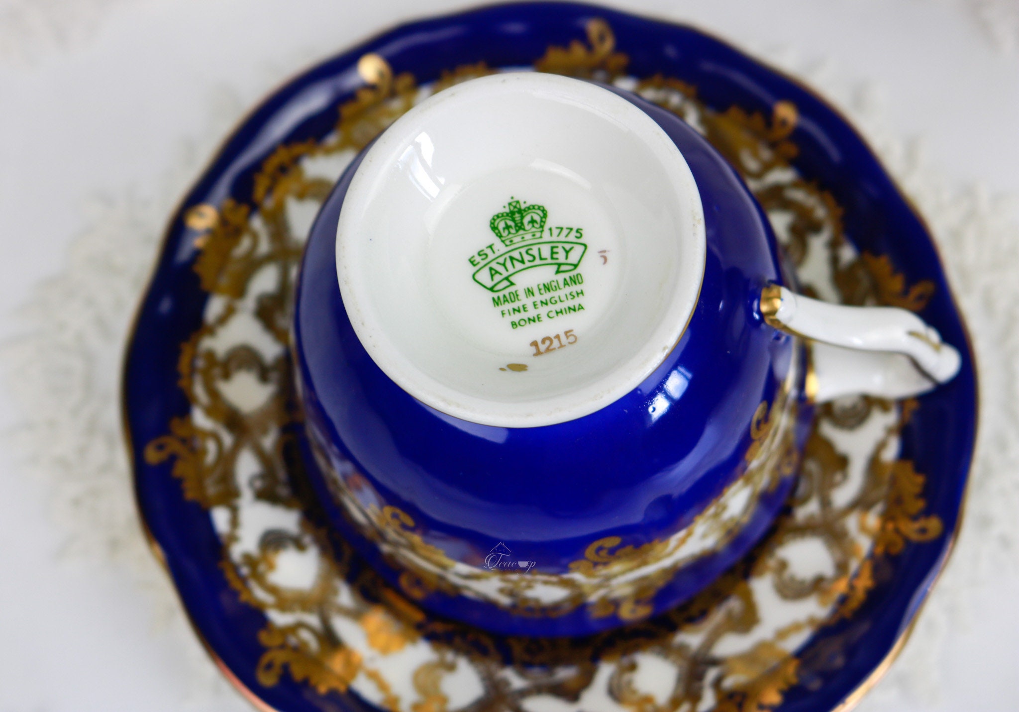 Aynsley Cobalt Blue and Gold Crocus-shaped Teacup and Saucer