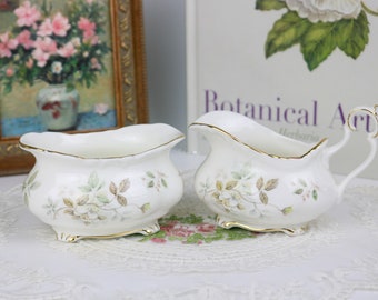 Royal Albert Haworth Small Open Cream and Sugar Set, English Bone China Milk Jug and Sugar Bowl, Vintage China, Replacement China