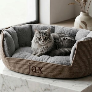 Custom Name Bed, Handmade Plush Cat Bed, Embroidered Pet