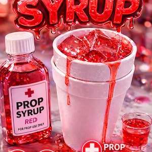 May include: A promotional image for "Prop Syrup" featuring a bottle, a cup with ice cubes, and a shot glass, all filled with red liquid. The text "PROP SYRUP" is prominently displayed, along with the words "RED" and "FOR PROP USE ONLY".