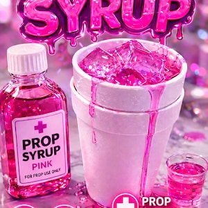 May include: A promotional image for Prop Syrup, featuring a pink liquid in a bottle, a cup, and a shot glass. The text "PROP SYRUP" is prominently displayed, along with "PINK" and "FOR PROP USE ONLY". The image also includes the words "REALISTIC COLOR" and "SUPER MUDDY".