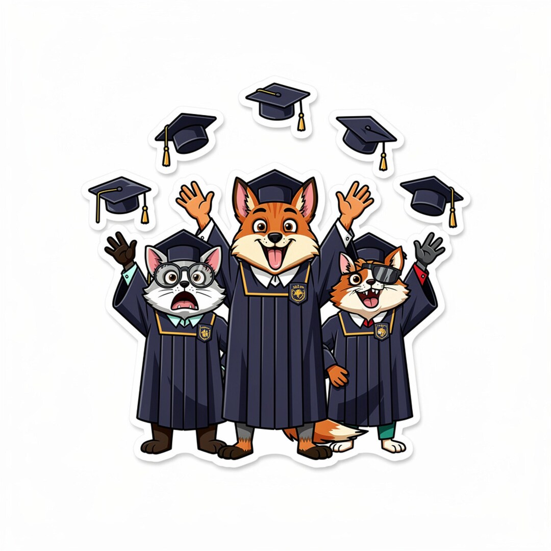 Funny Animal Graduation Print – Fox, Cats Tossing Caps (digital ...
