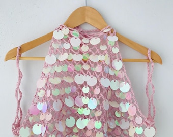 Pink Crocheted Sequin Beach Top | Boho Festival Halter Neck Top