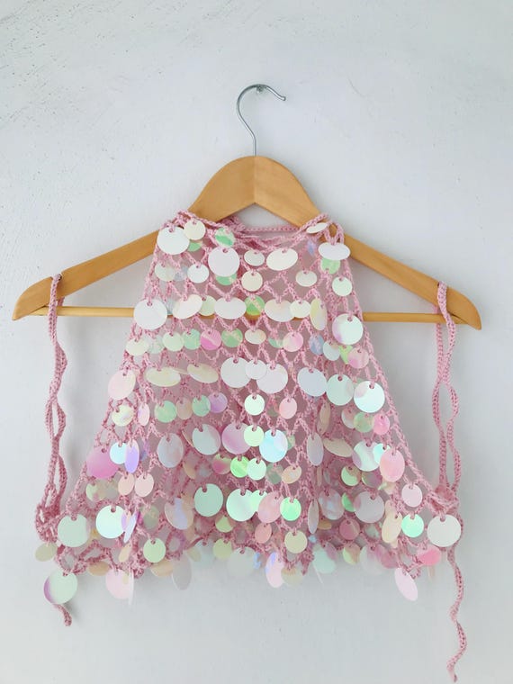 Pink Crocheted Sequin Beach Top | Boho Festival Halter Neck Top