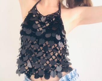 Black Sequin Crochet Halter Top | Festival Beach Cover-up