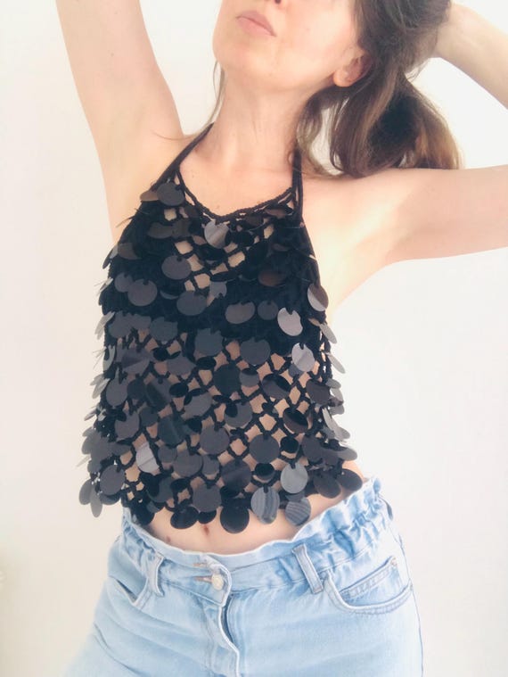 Black Sequin Crochet Halter Top | Festival Beach Cover-up