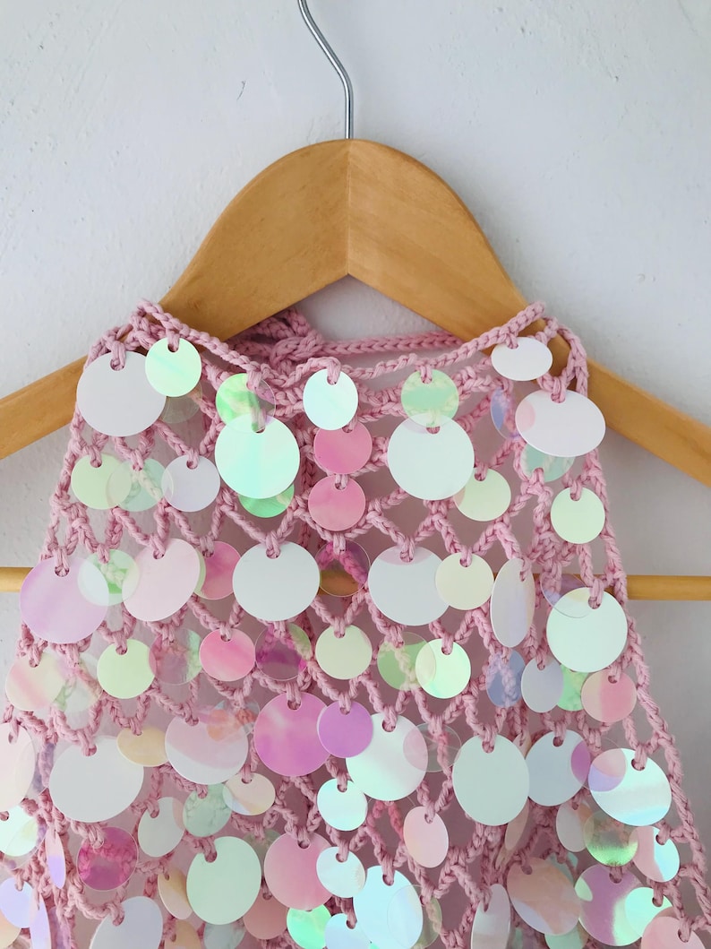 Pink Crocheted Sequin Beach Top | Boho Festival Halter Neck Top image 2