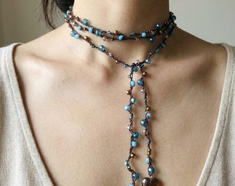 Crocheted Beaded Necklace with Heart Pendant | Brown Blue Iridescent Beads