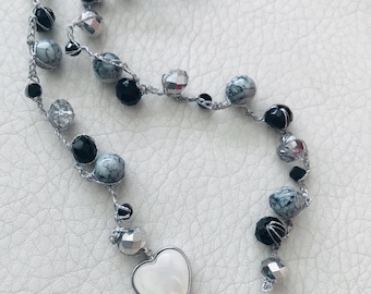 Crocheted Beaded Necklace with Heart Pendant | Silver Iridescent Beads