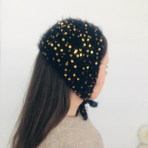 Crochet Wool Sequins Bonnet  | Winter Black Bandana