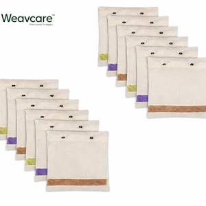 May include: Several off-white fabric bags with colourful stripes. Each bag has a black button closure. The bags have stripes of yellow, purple, and brown. The bags are arranged in two groups on a white background. The Weavcare logo is in the upper left corner.