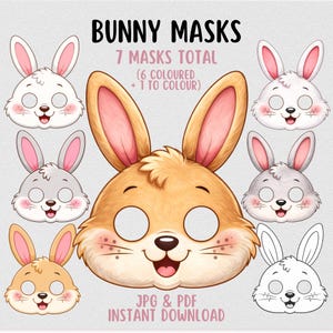 Bunny Masks Printable | 7 Masks Coloring Craft Activity (PDF Download)
