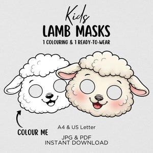Op de afbeelding: Twee lammaskers, één om in te kleuren en één kant-en-klaar, met de tekst "Kids LAMB MASKS". De maskers hebben grote ooggaten, roze wangen en lachende gezichten. De tekst "COLOUR ME" is ook aanwezig.