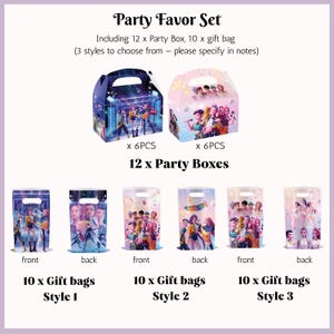 May include: Party favour set with 12 party boxes and 10 gift bags. The boxes and bags feature colourful designs with images of performers. The text on the image reads "Party Favor Set" and "12 x Party Boxes".