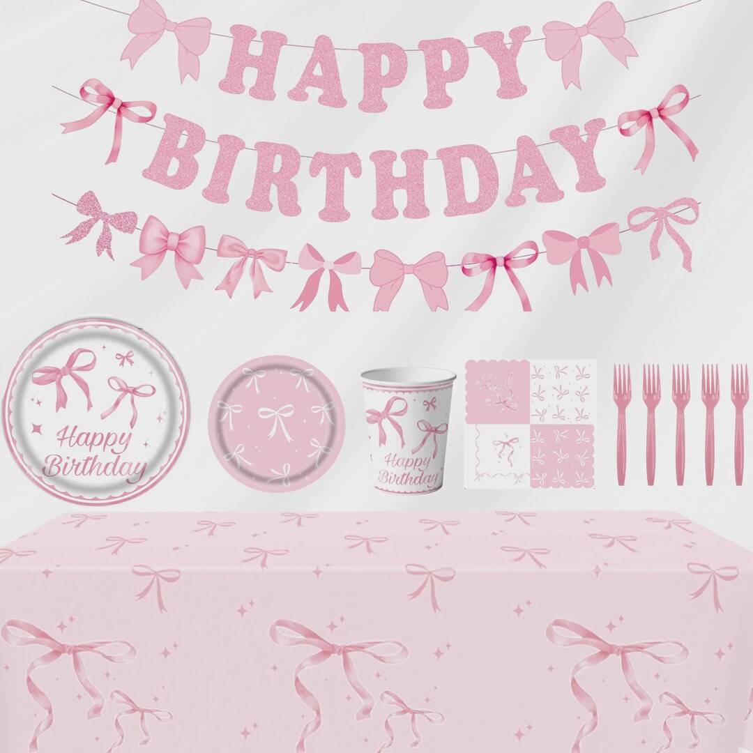 Pink Bow Birthday Party Supplies - Girls Bow Theme Tableware Kit ...