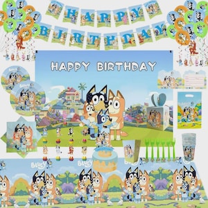 May include: A vibrant birthday party set with a cartoon dog family theme. Includes balloons, banners, plates, napkins, cups, a tablecloth, and a cake. The banner reads "HAPPY BIRTHDAY".