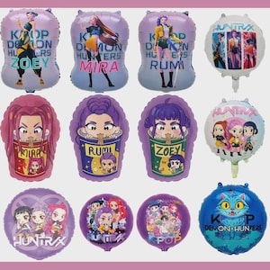 May include: A selection of colourful foil balloons featuring cartoon characters and the text "KPOP DEMON HUNTERS" and "HUNTRAX". The balloons are in various shapes, including rectangular and round, with vibrant colours like purple, blue, and pink.